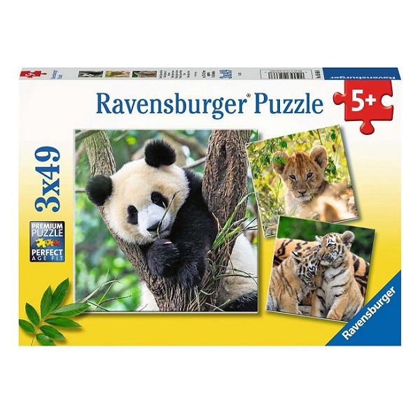  Puzzels 3 x 49 stukjes Panda Tijger en Leeuw